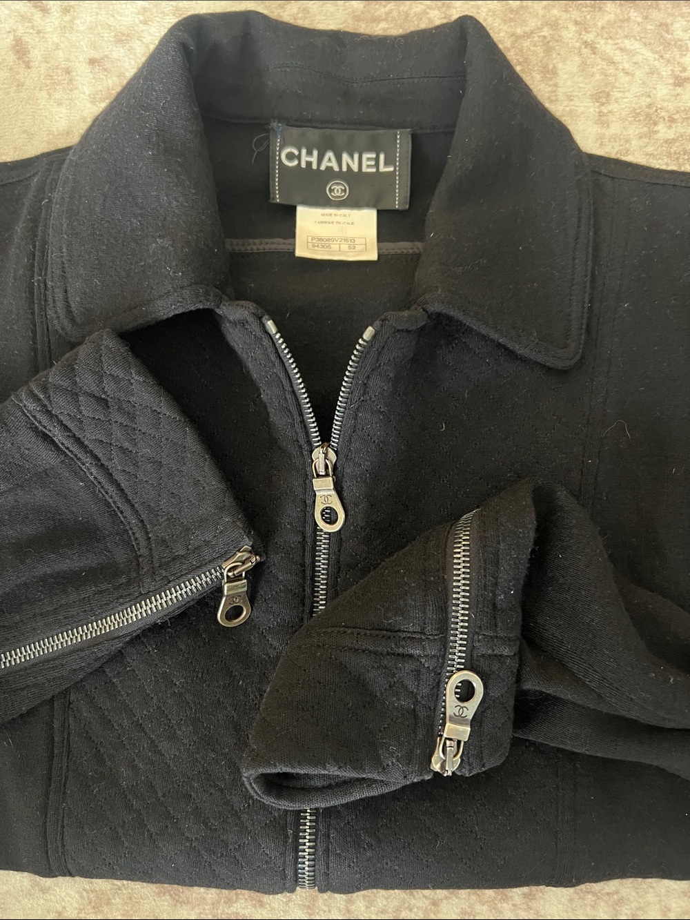 CHANEL Black Quilted Sleeve Zip-Up Bomber Jacket